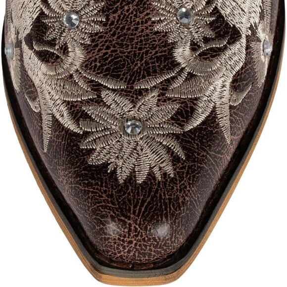 Women's Rhinestones Unique Embroidery Mid Wide Calf Snip Toe Brown Western Boots - Picture 5 of 8